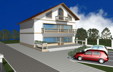 3D render of modern residential house, cars, parking space