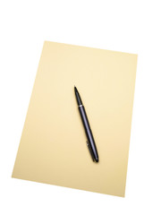 sheet of  paper and  pen on  white background,  close up