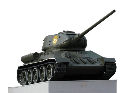 Old Russian tank T-34 on a stone pedestal