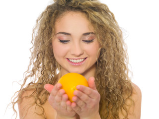 Portrait of beautiful blond woman on white