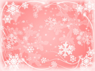 white snowflakes over pink background with feather corners