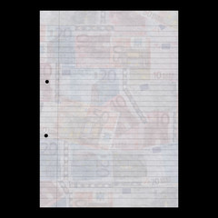 Obraz premium Blank sheet of A4 paper with euros watermark on black