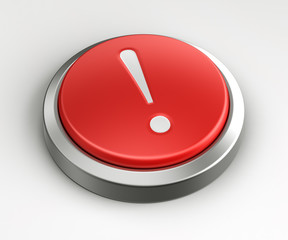 3d rendering of a red button with a exclamation point on it.