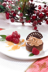 Fototapeta na wymiar chocolate cheesecake served with fresh raspberries