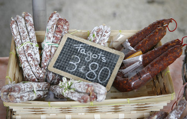 French saucisson display in market in south of france