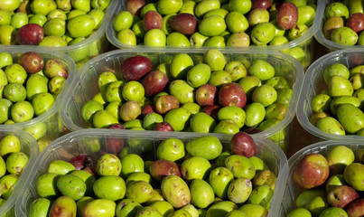 tubs of fruit at market