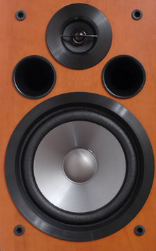 2-way wooden speaker close up.
