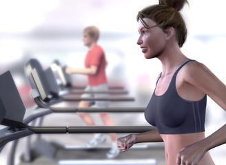 Fototapeta na wymiar smiling woman in health club on treadmill. 3D digital painting