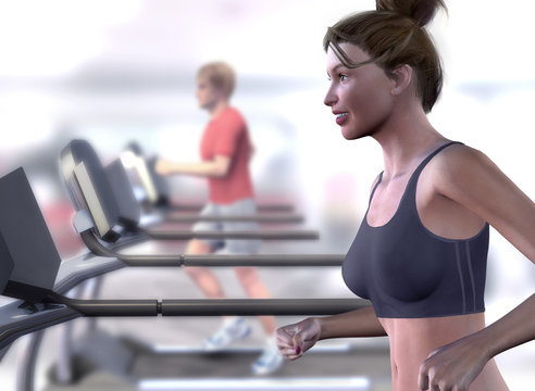 smiling woman in health club on treadmill. 3D digital painting