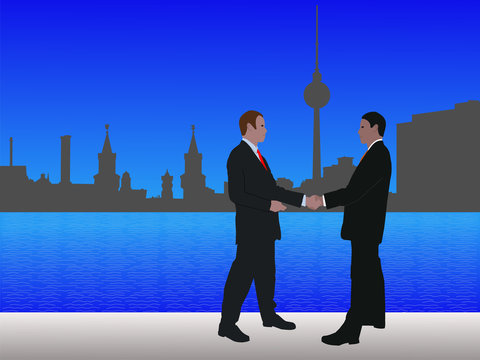 business men meeting with handshake and Berlin skyline