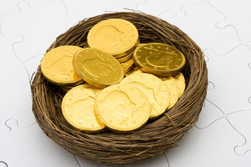 nest with gold coins inside on puzzle, retirement nest egg