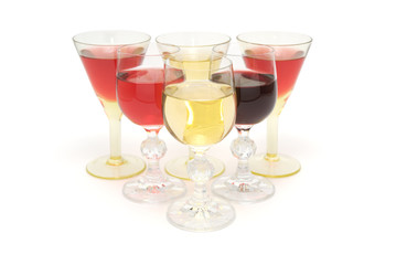 Six glass with wine isolated on the white background