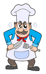Angry chef with knife and fork