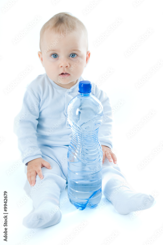 Canvas Prints baby boy and bottle of mineral water, on white