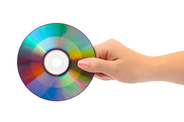Hand with computer disk isolated on white background