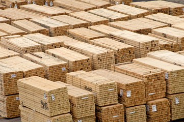 Timber stock at docks waiting to be loaded on ship - obrazy, fototapety, plakaty
