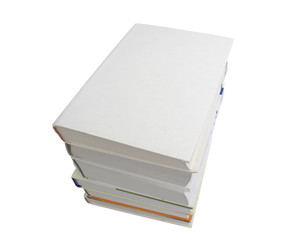 Top view of stacked books isolated against white background