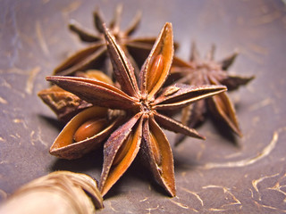 Close up details of spice star anise on coconut ladle