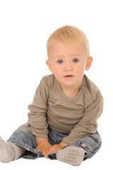 closeup portrait of emotional boy on a white background