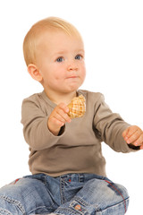 closeup portrait of emotional boy on a white background