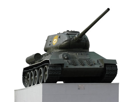 Old Russian tank T-34 on a stone pedestal