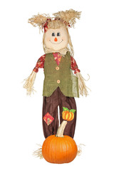Autumn doll with pumpkin isolated on white