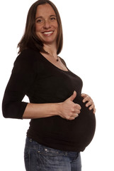 schwangere Frau großer Bauch halten Daumen hoch