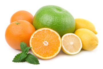Citrus collection. Grapefruit or pamela, orange, lemon.