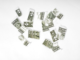 Ripped dollar banknote on white background.