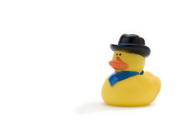 rubber duck with black hat and blue bandana