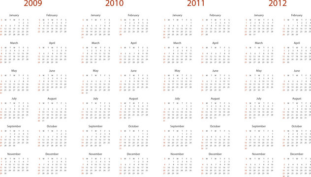 Simple calendar for 2009, 2010, 2011 and 2012.