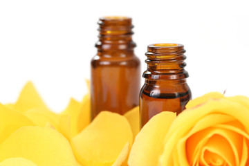 bottles of essential oil and beautiful rose isolated