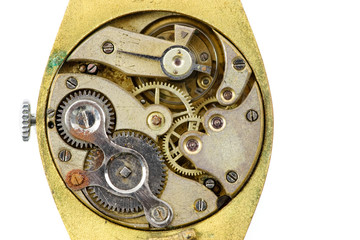 Antique golden wristwatch mechanism on white background