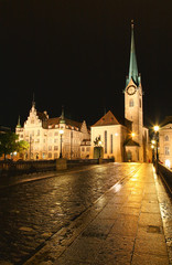 Naklejka premium The night view of the Fraumunster church in Zurich Switzerland