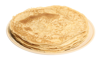 Plate with pancakes on a white background.