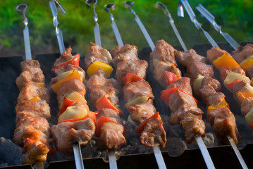 kabobs grilled with vegetables on metal skewers