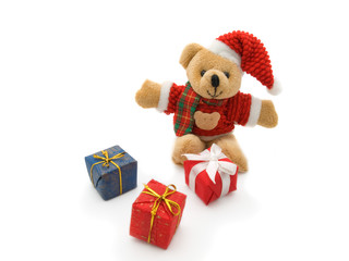 Teddy Bear and three colour gift boxes