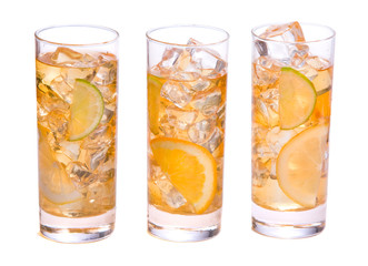 Three glasses of refreshing ice tee with citrus fruits