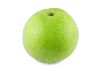 Green apple with water drops isolated