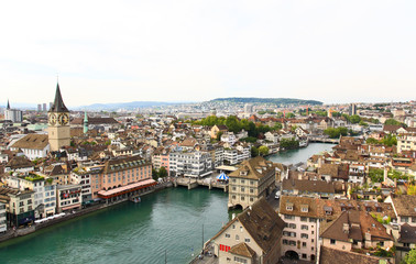 The aerial view of Zurich cityscape from the Grossmunster