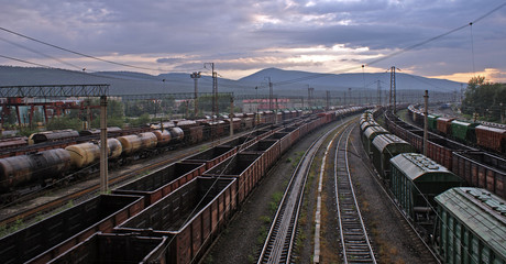 Fototapeta na wymiar photo of railway station with different trains