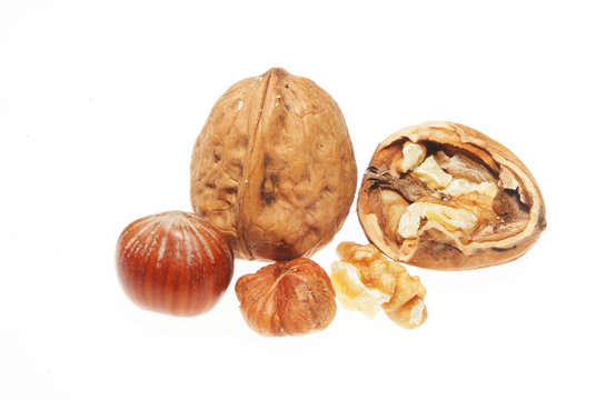 Whole and cracked wanuts abd hazel nuts on white