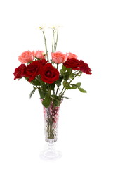 Decorative Glass with roses and daisy on white .