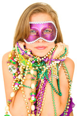 colorful mardi gras queen holding beads. isolated - 9985446