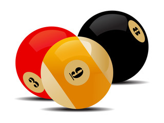 Three billiard balls red, white and black