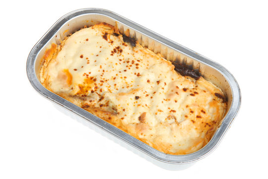 Covenience meal of mousssaka in a foil container