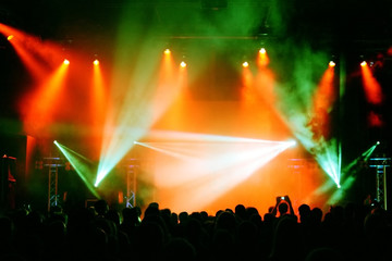 Fototapeta na wymiar Doping kibiców na koncert, muzycy na scenie