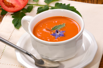 Closeup of bowls of delicious tomato soup