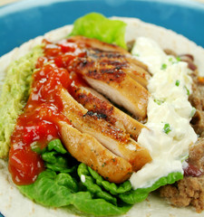 Open chicken tortilla with refried beans and sour cream
