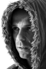 Young man fashion with a hood in black and white